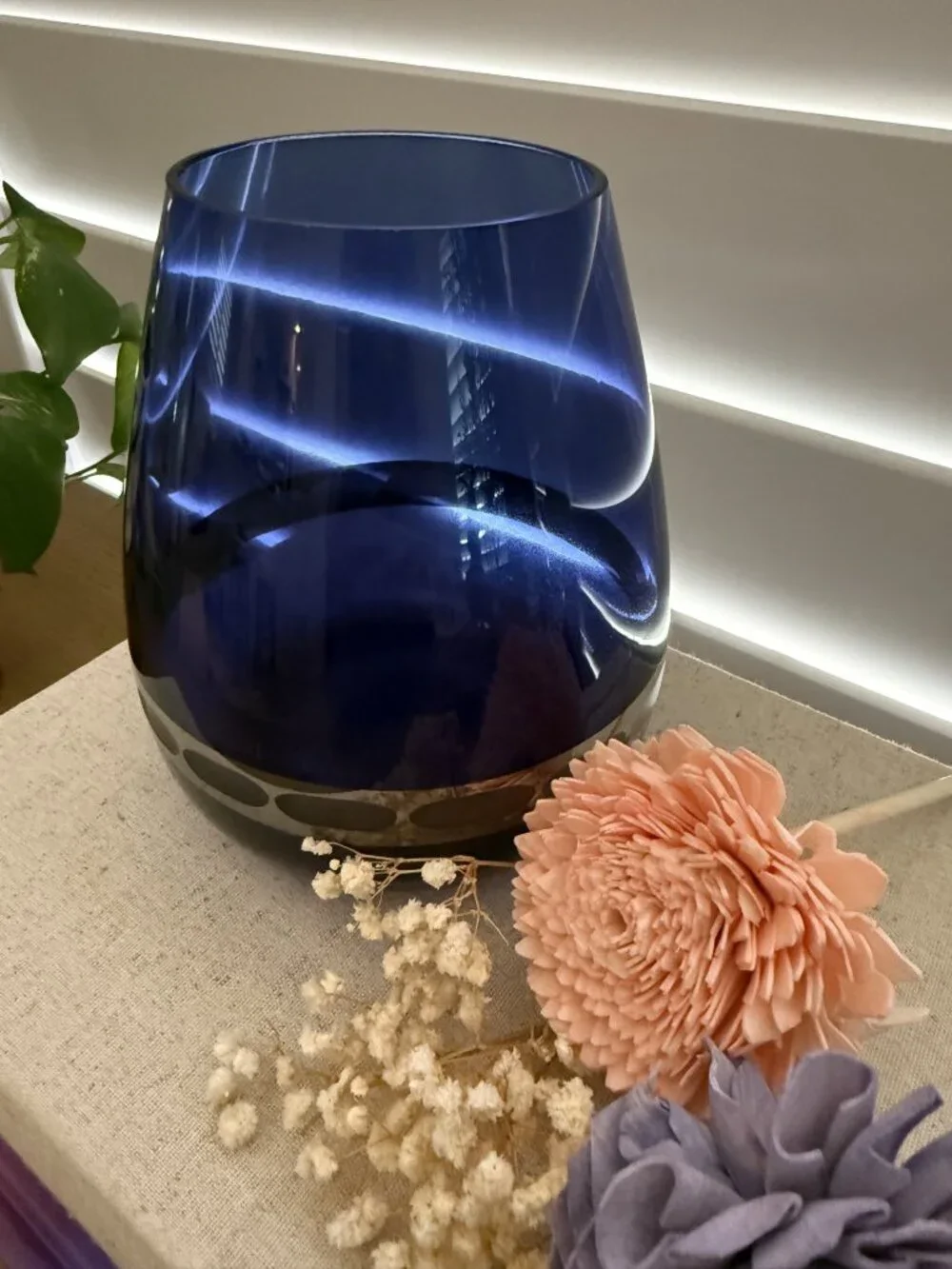 VTG Blue Teardrop FTD Silver Etched Band MCM Vase